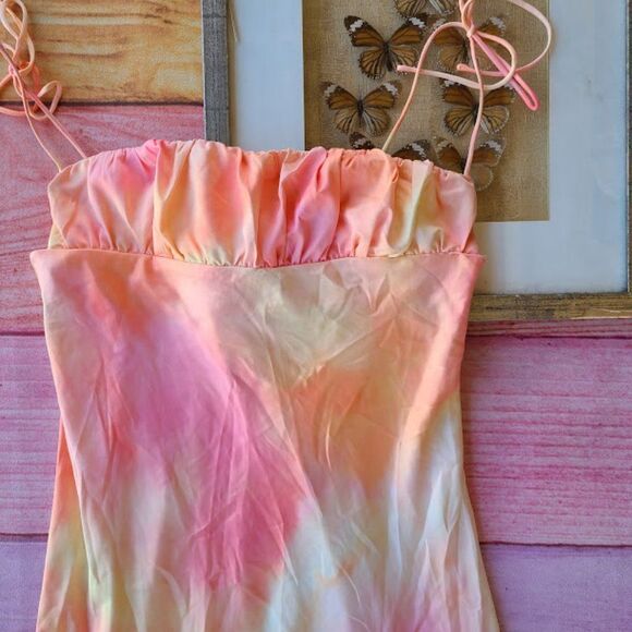 Princess Polly Pink Carsa Tie Dye Satin Tie Strap Midi High Slit Slip Dress 12US - Picture 8 of 12